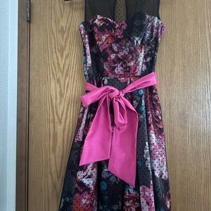 Eliza J Black Floral Cocktail Dress with Pink Sash